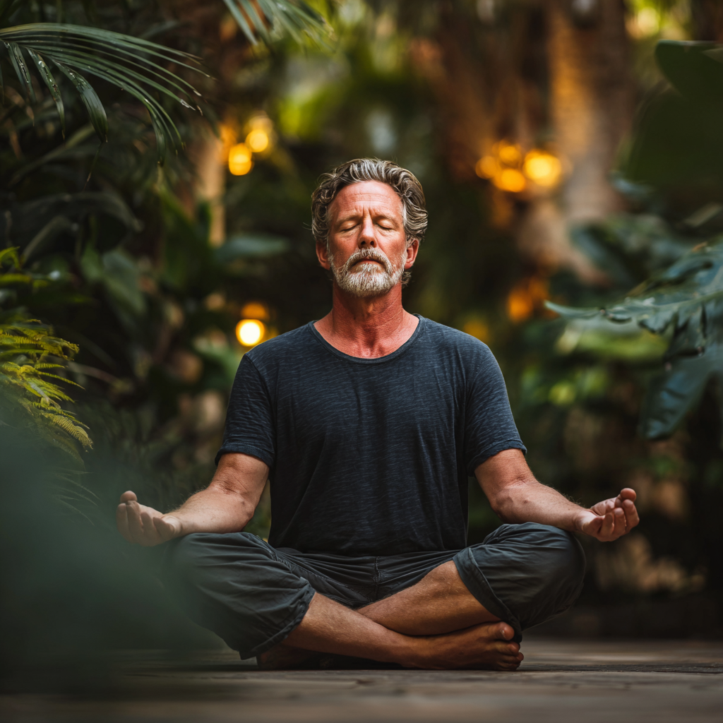Чоловік віком 58 років медитує в позі лотоса на природі серед зелені, демонструючи спокій та зосередженість